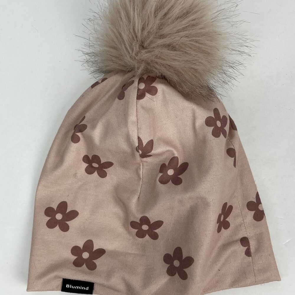 Blumind Pom Pom Beanie Size 2T-3T Beige Floral Lined Stretch